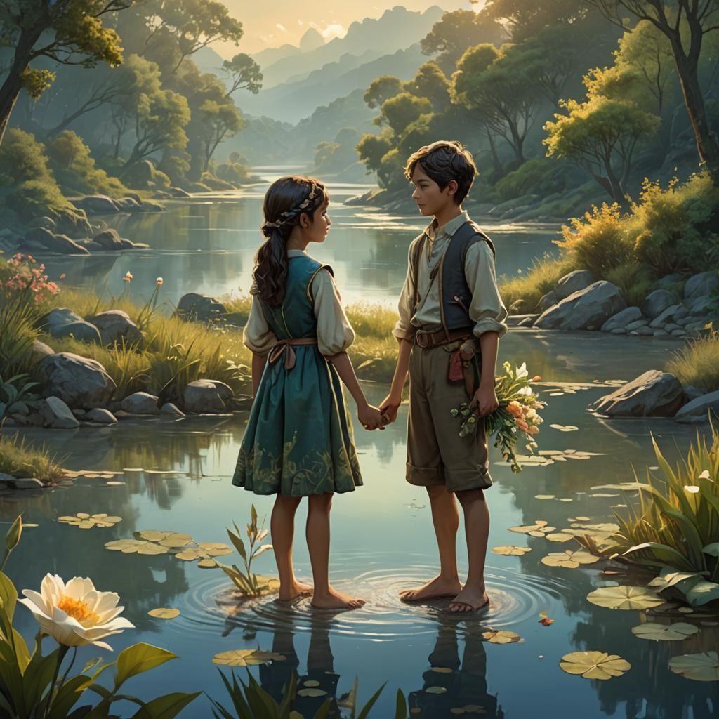 Fantasy River Scene with Children and Glowing Flower