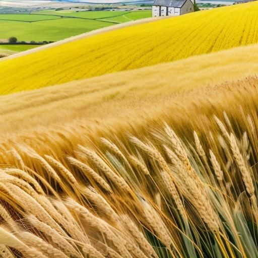 English House Surrounded by Shimmering Barley Fields