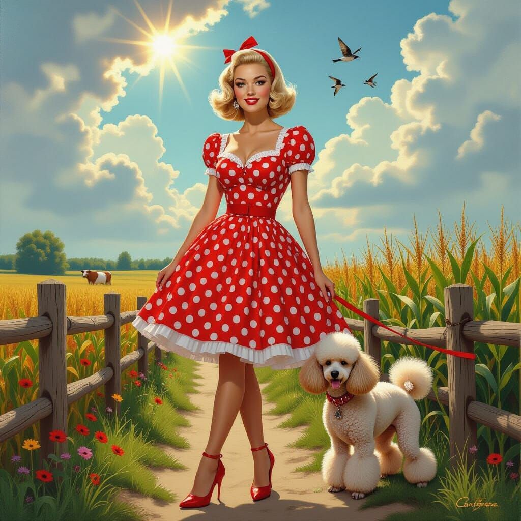 Hyperrealistic Woman with Poodle in Sunny Meadow