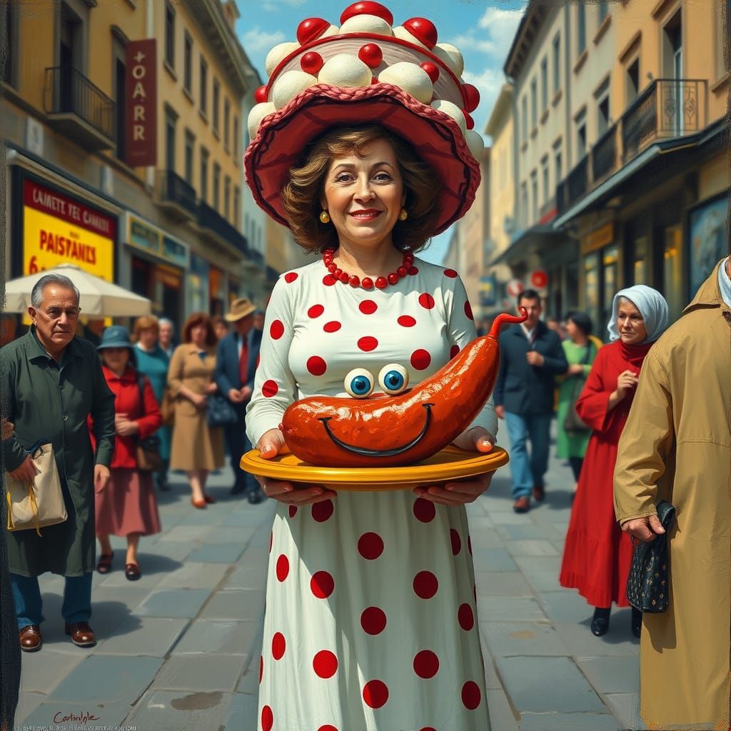 Woman with Sausage in Neo-Impressionism Style
