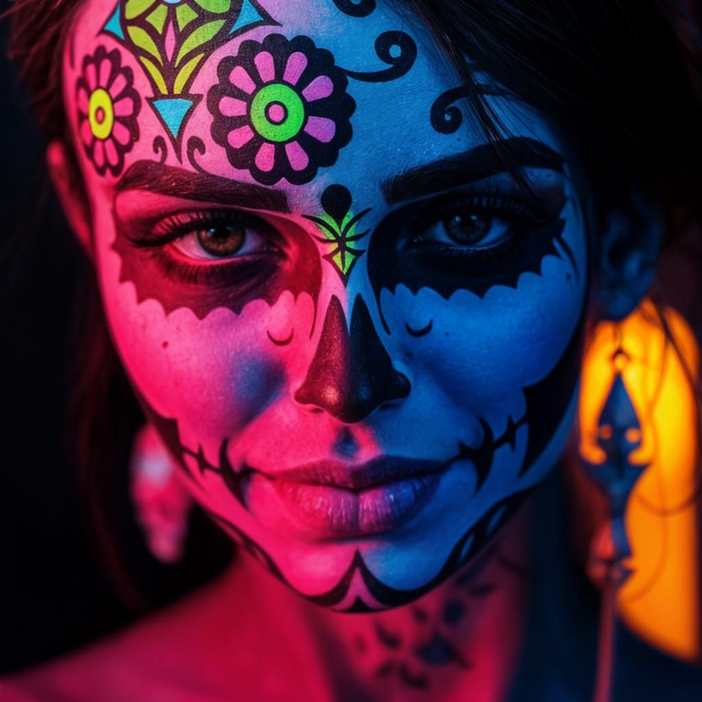 Day of the Dead Woman Portrait in Neon