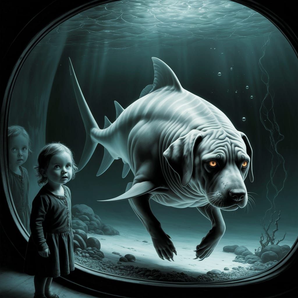 Girl and Dogfish in Gothic Aquarium