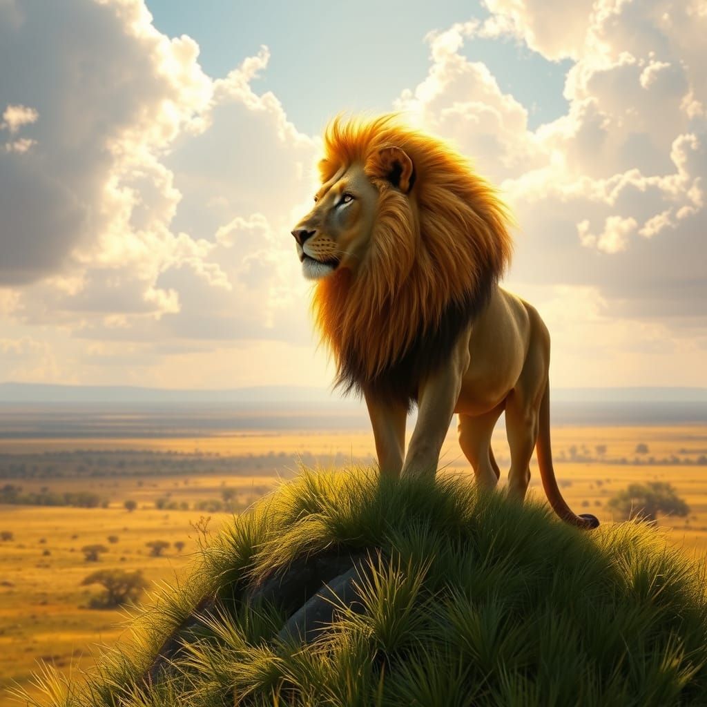 Majestic Lion Overlooking Savanna in Hyperrealistic Style