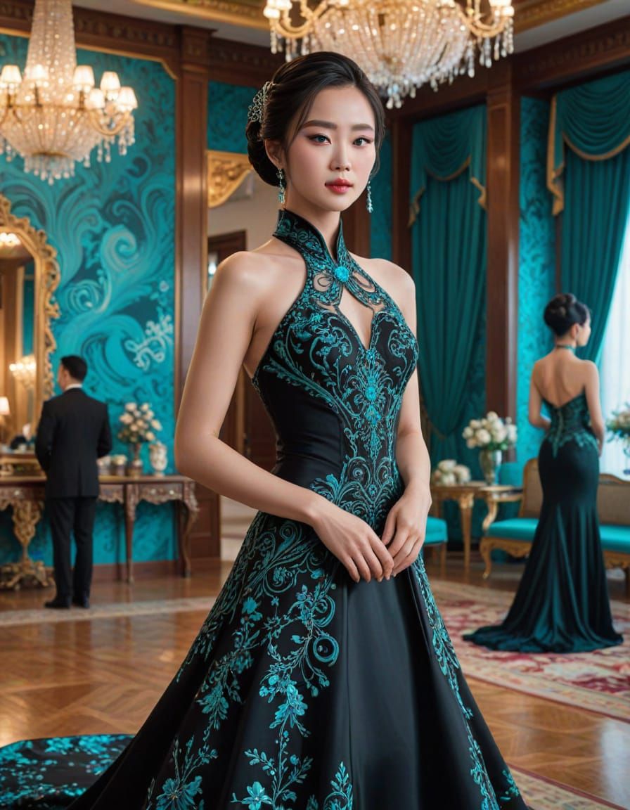 Anime Style Chinese Lady in Elegant Ballroom Digital Art