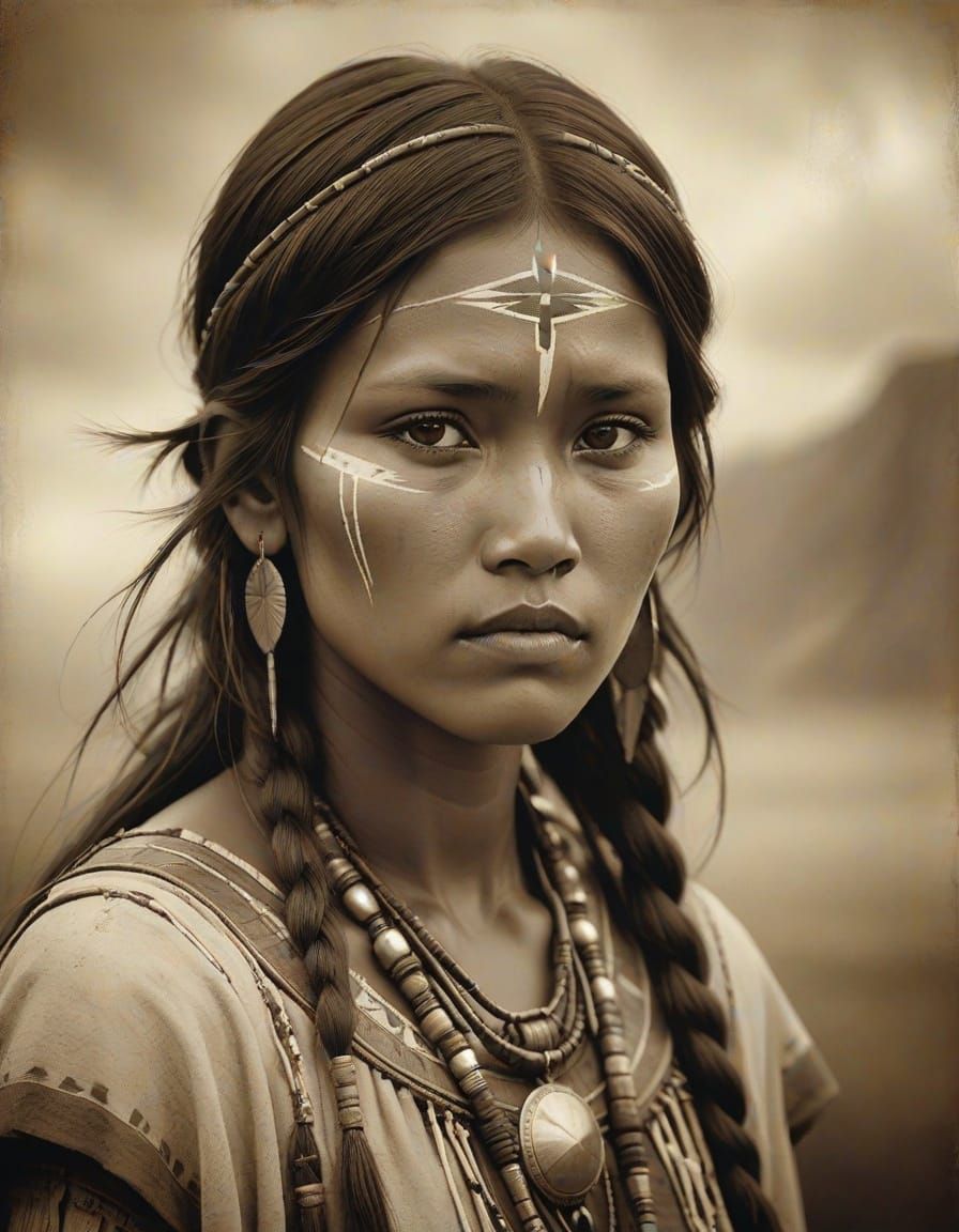 Aged Sepia Portrait of a Somber Sioux Girl