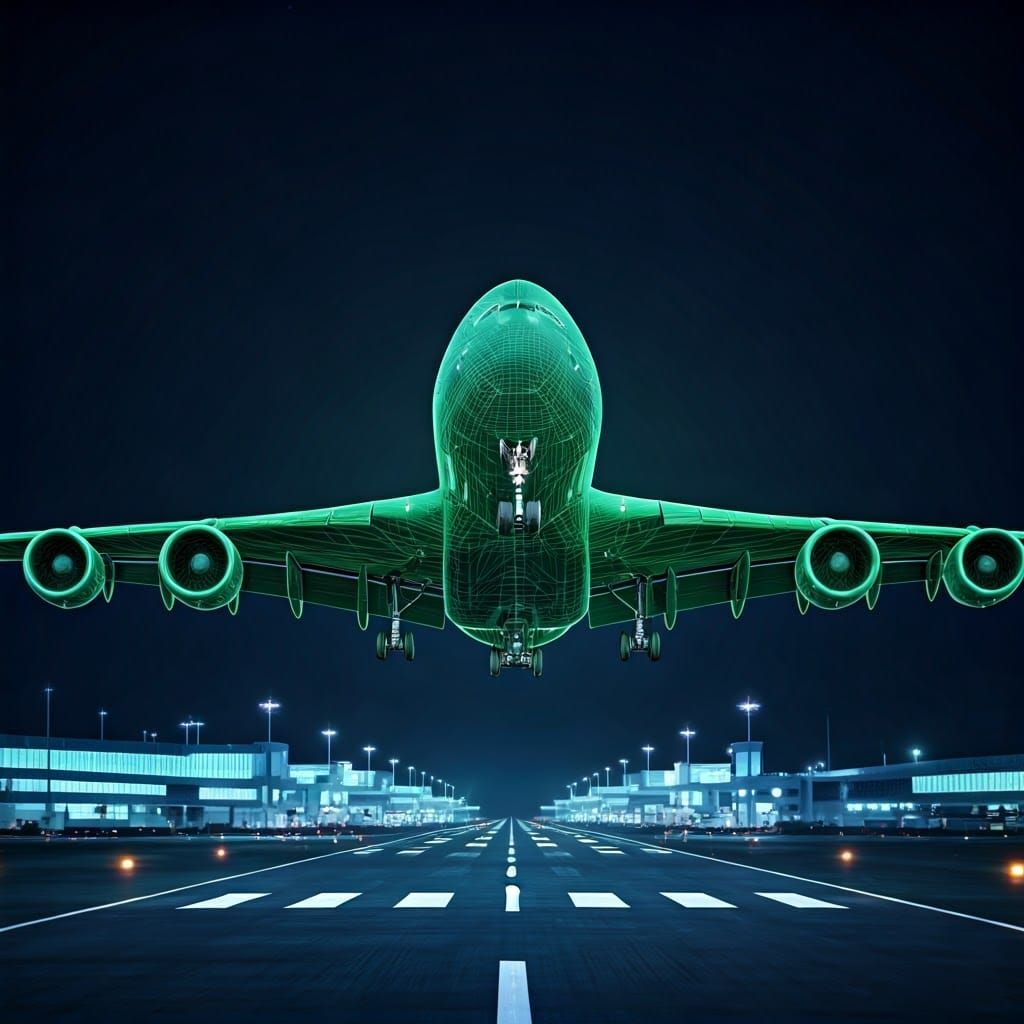 Airbus A380 Holographic Wireframe Landing in Cyberpunk Style