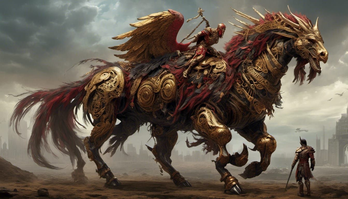 Colossal Armored Centaur-Condor Hybrid in Crimson and Gold