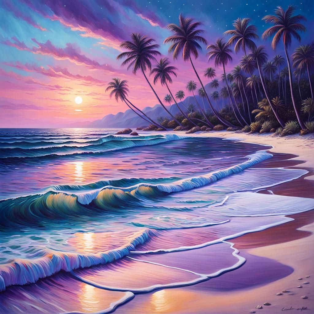 Aqua Beach Dusk: Impressionist Seascape Painting