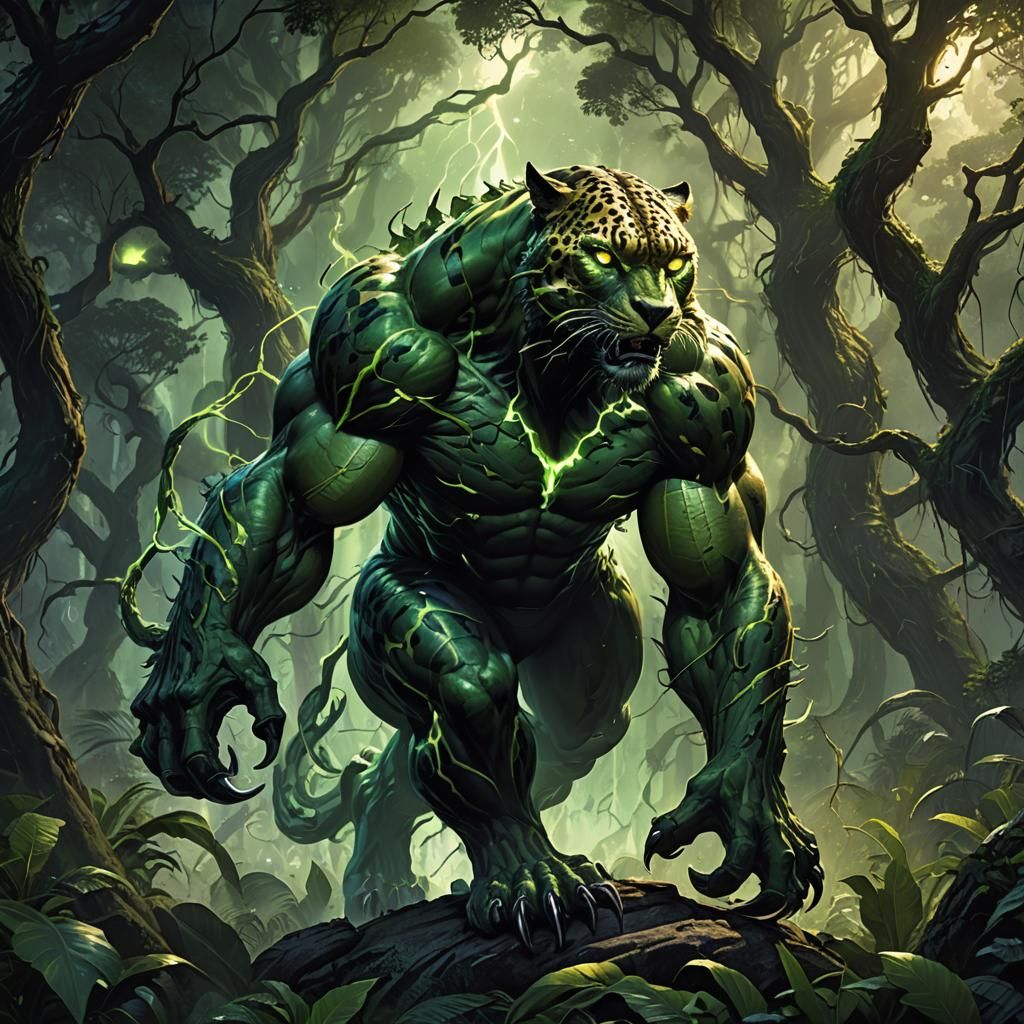 Hulk-Cheetah Hybrid in Jungle, Dark Fantasy Art