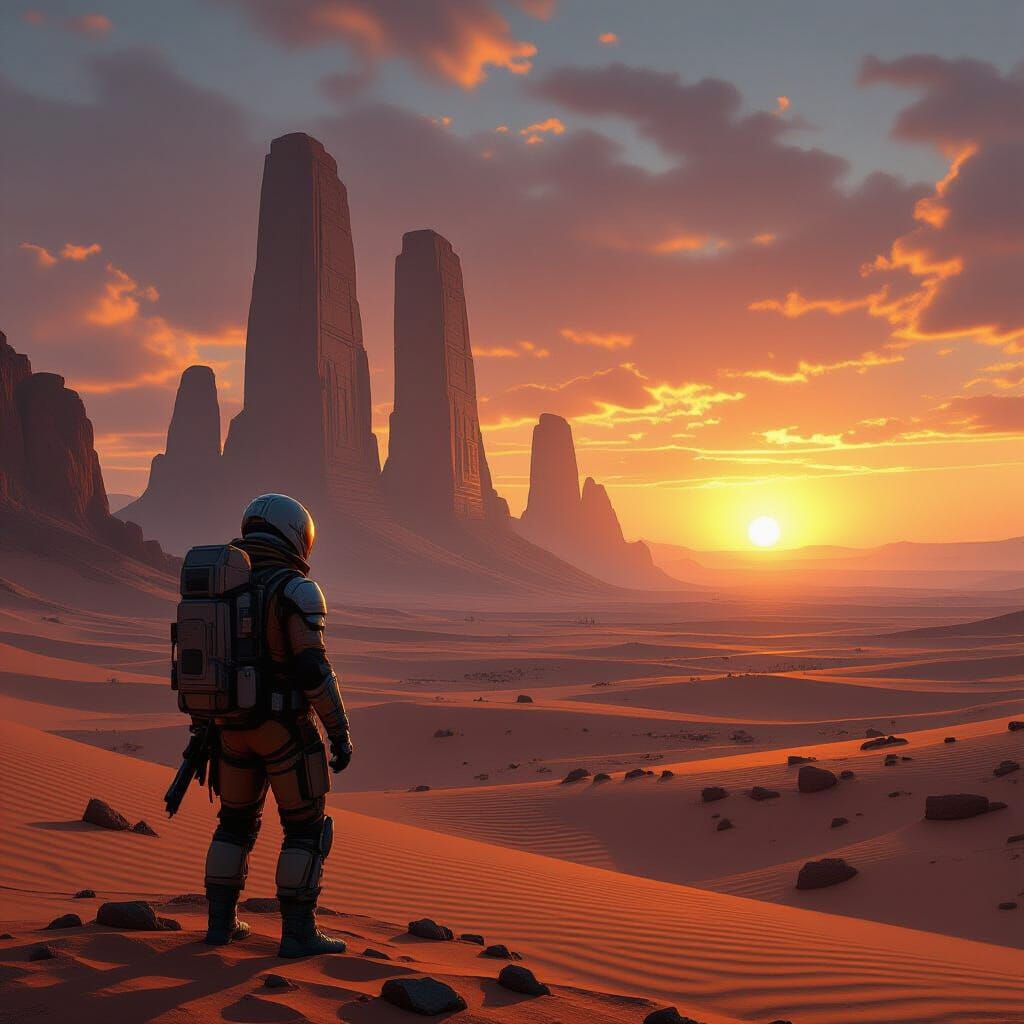 Explorer on Alien Planet Gazing at Ancient Ruins