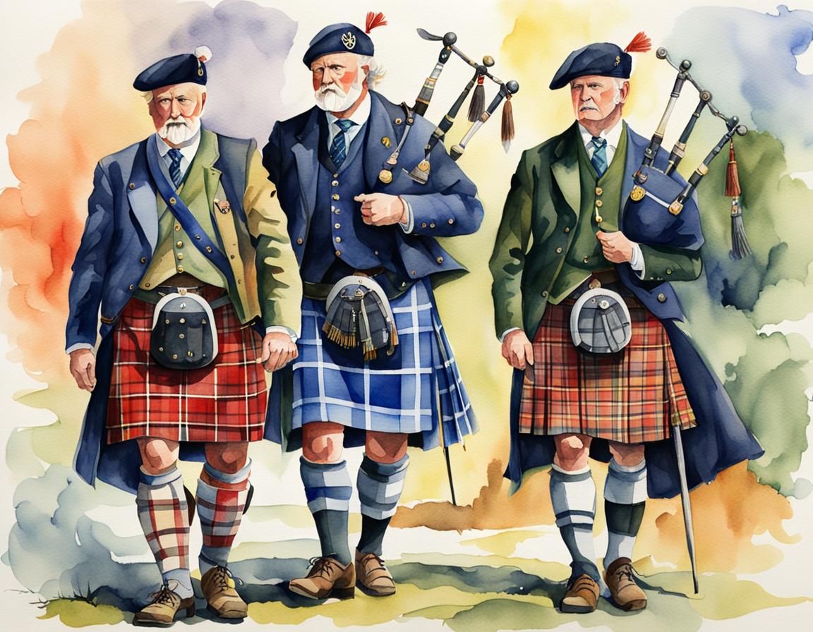 A watercolor painting of two Scottish Clans wearing kilts of...