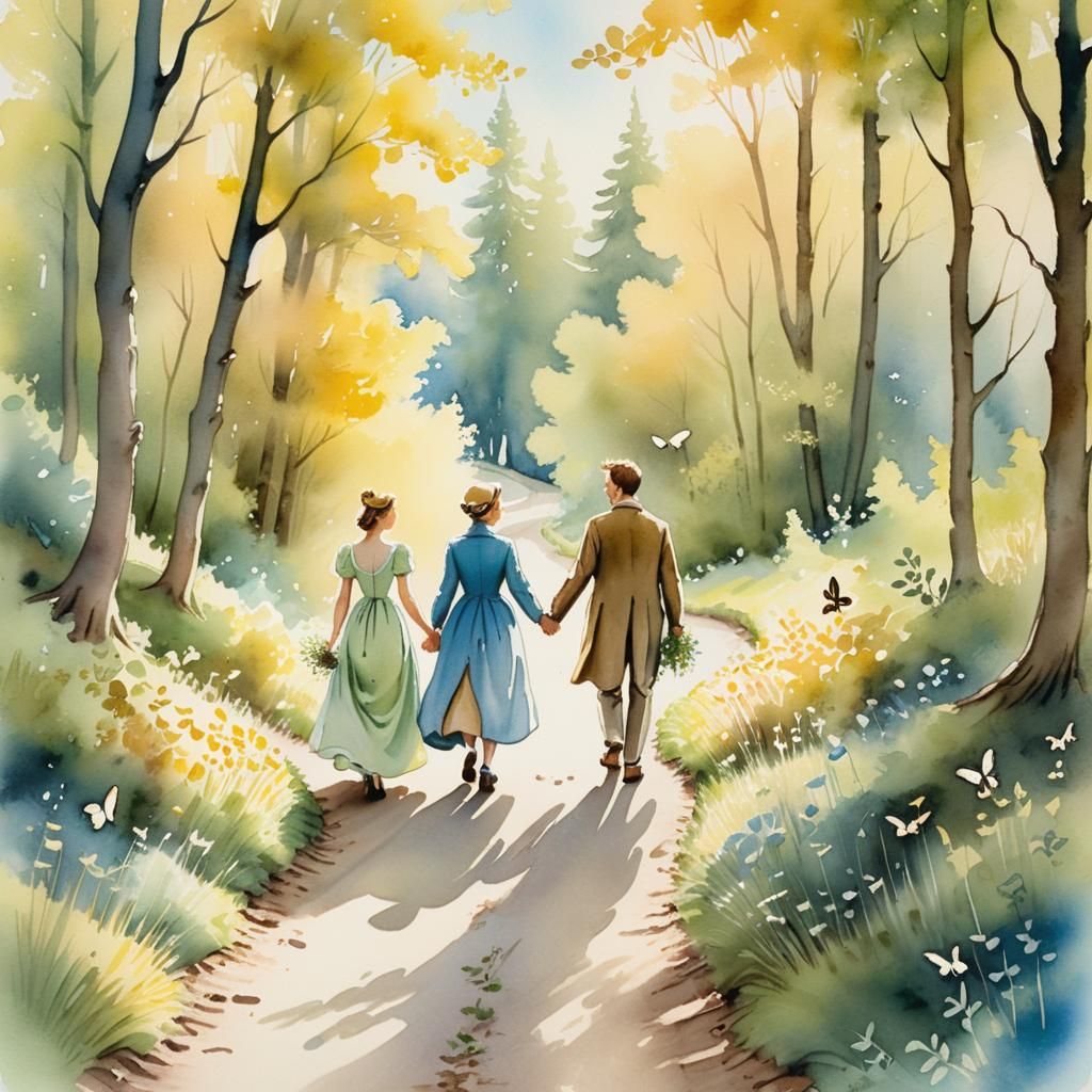 Whimsical Newlyweds in Watercolor Forest Illustration