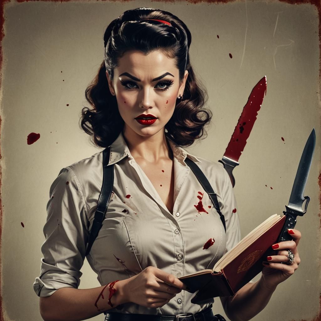 Detailed Pin-Up Girl with Bloody Knife