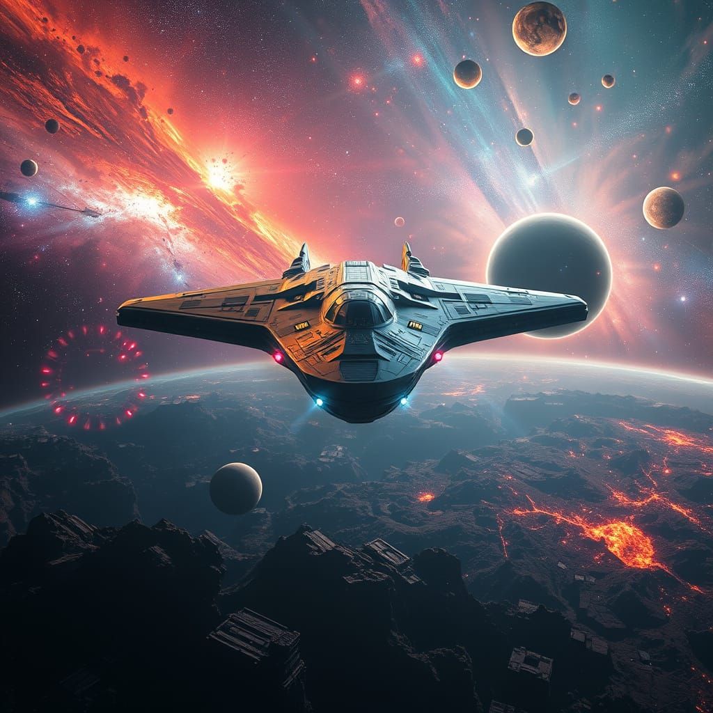 Stunning Cosmic Galaxy Scene with Epic Spaceship and Alien P...