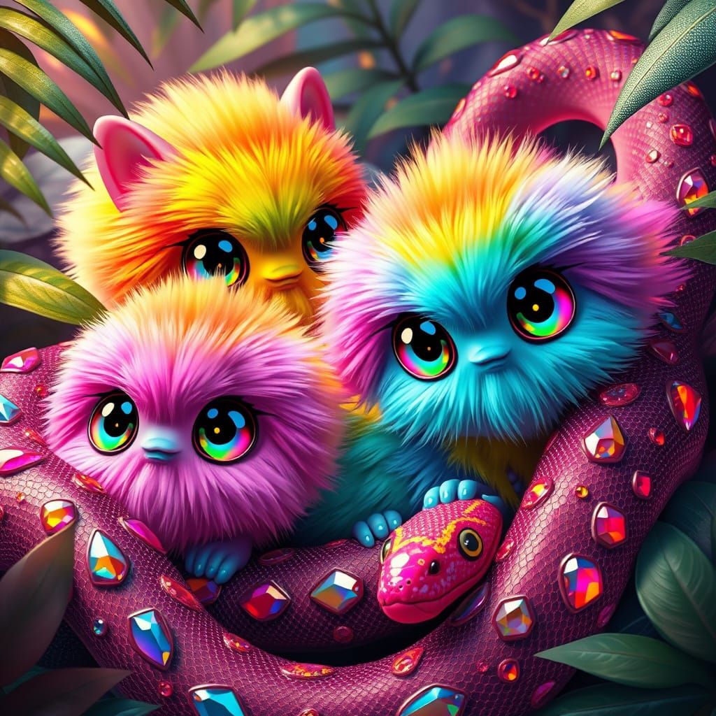 Rainbow Creatures in Gemstone Jungle, Digital Art