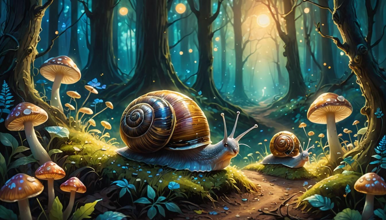 Enchanted Forest Clearing with Glowing Snails