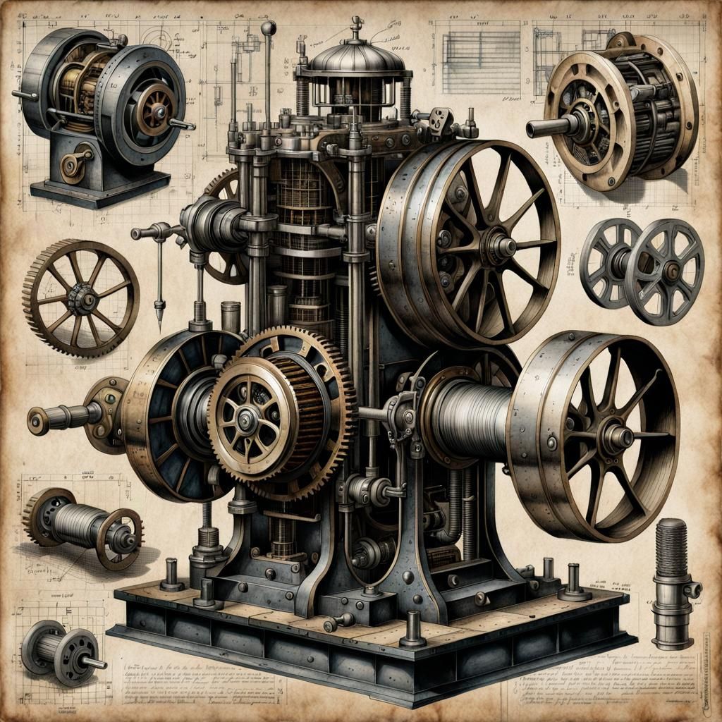 Victorian Era Mechanical Illustration on Parchment