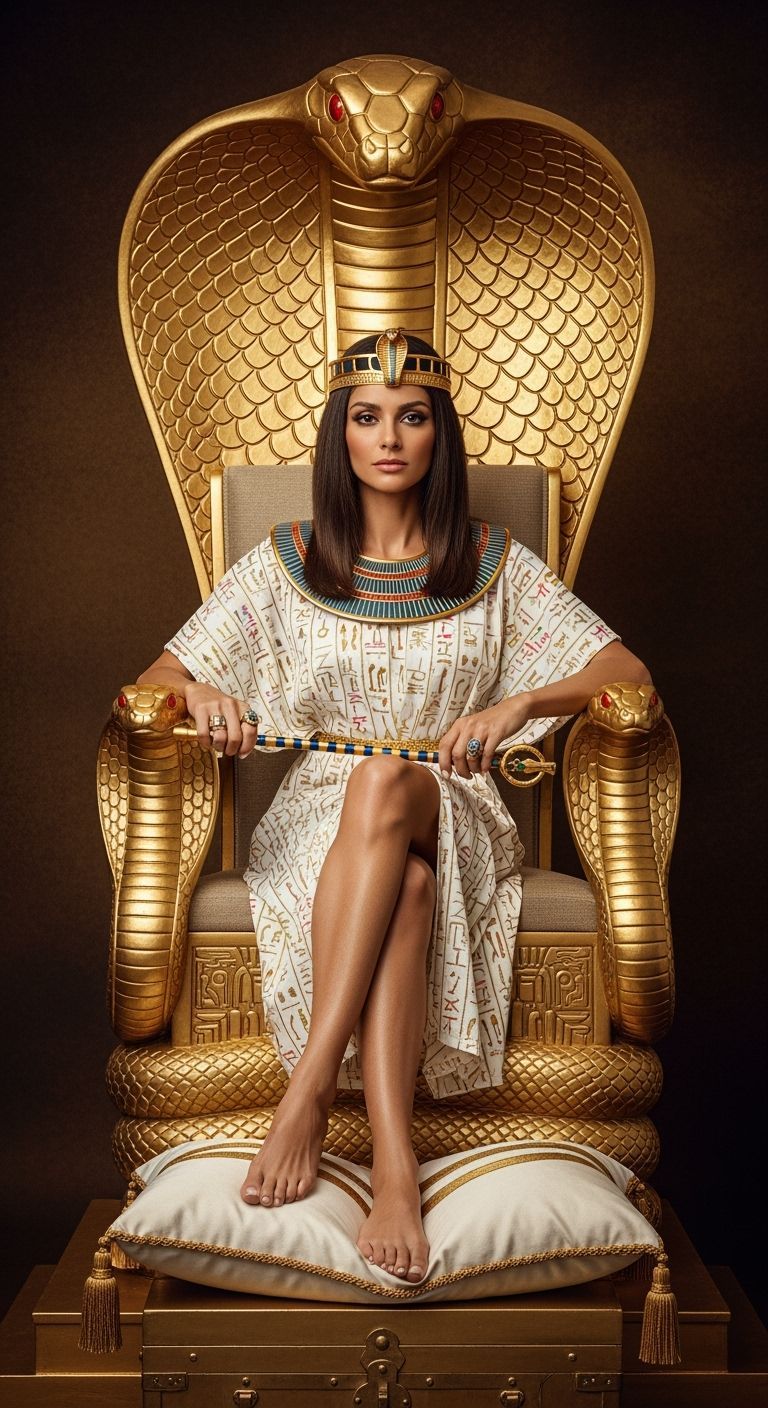 Regal Egyptian Queen on Golden Cobra Throne