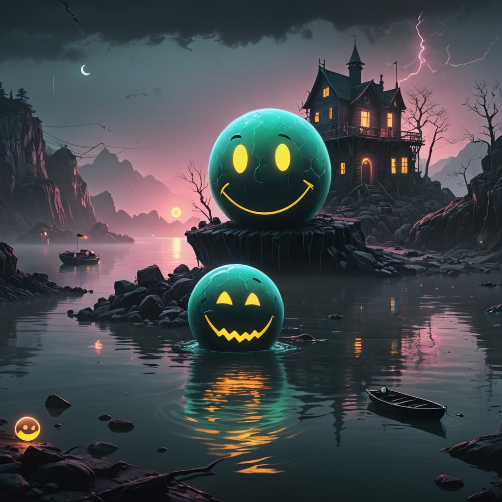 Eerie Neon Smiley Face in Surreal Horror Scene