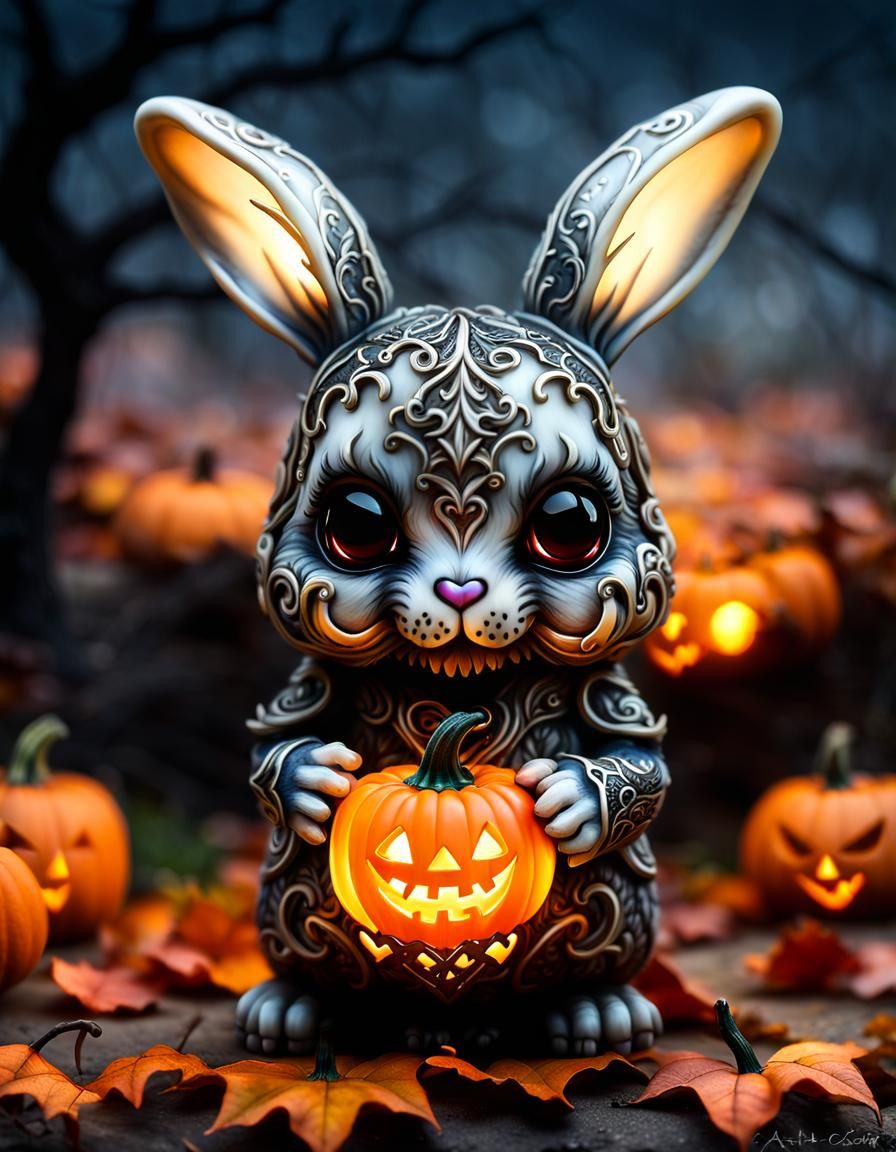 Halloween Chibi Bunny with Pumpkin, Digital Illustration