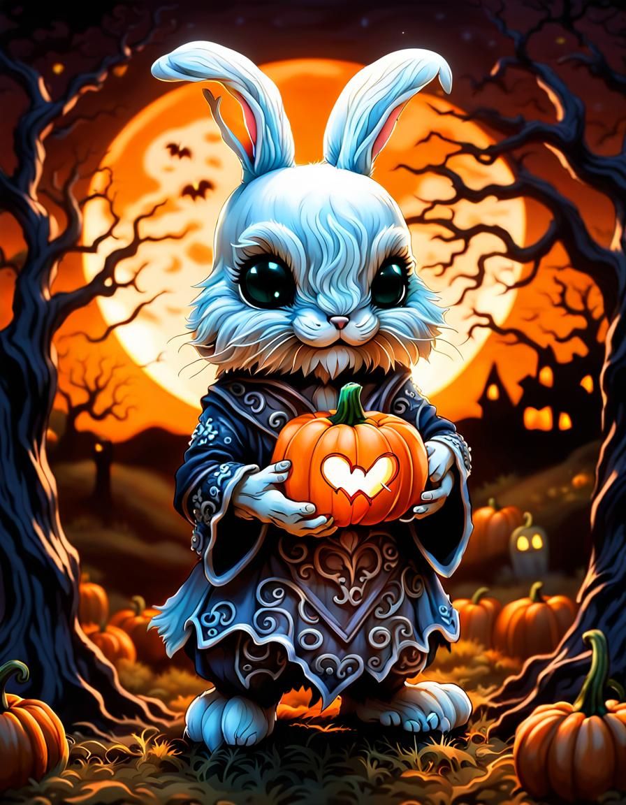 Halloween Bunny with Pumpkin in Digital Art Style