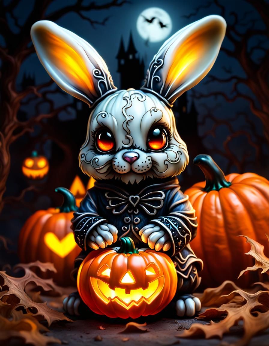 Halloween Sunset: Ghostly Bunny with Pumpkin Heart