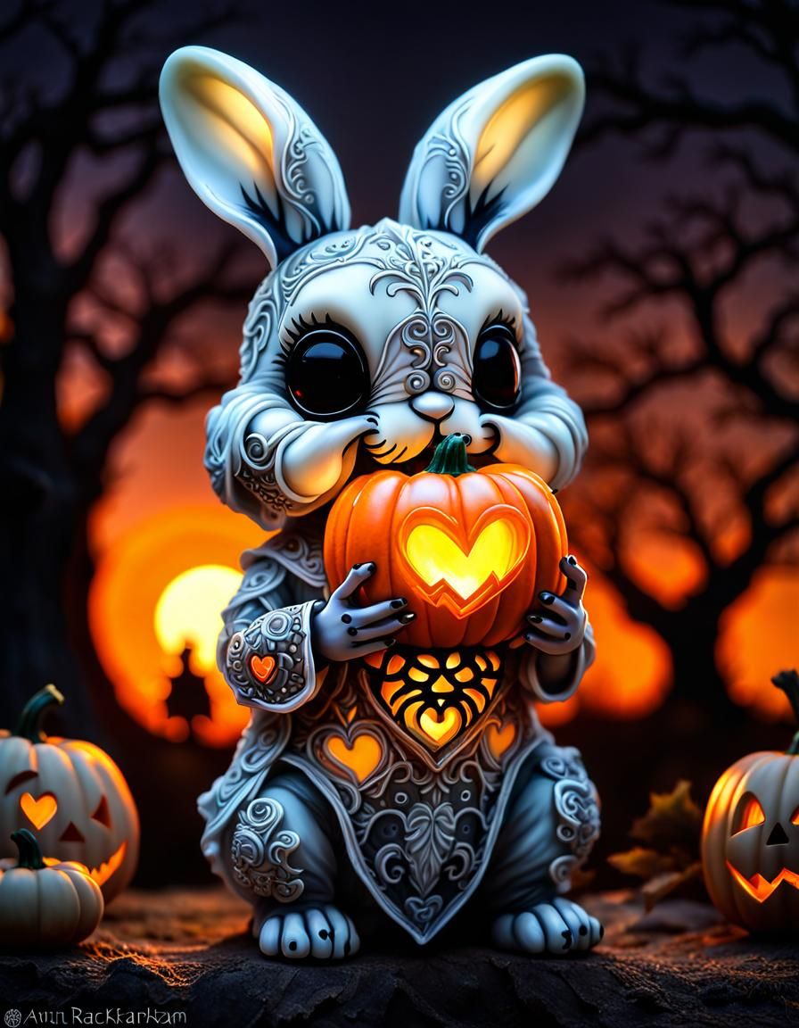 Halloween Chibi Bunny with Pumpkin Heart