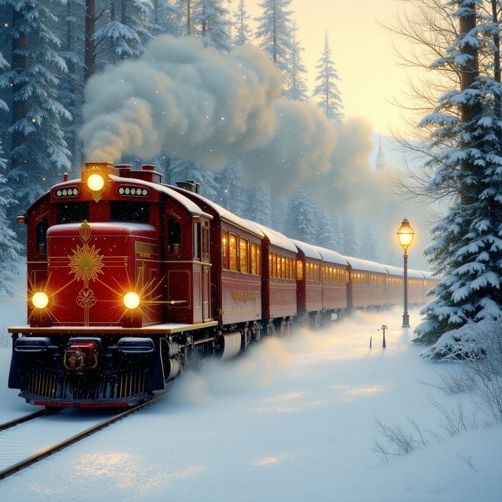 Vintage Polaris Express Train Through Snowy Mountains