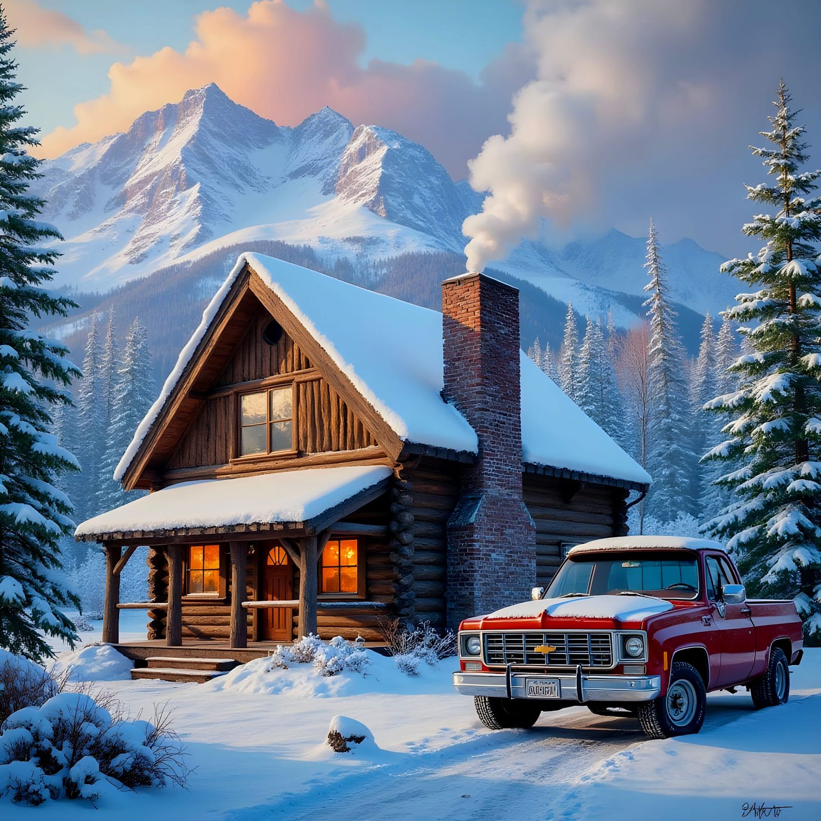 Alaskan Snow Cabin in Spruce Forest with Vintage Truck