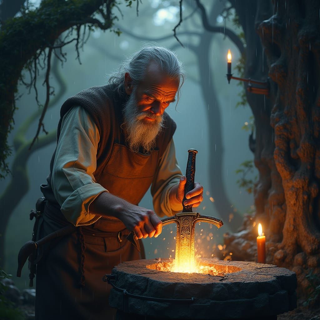 Ancient Inventor in Mystical Forge within Enchanted Forest