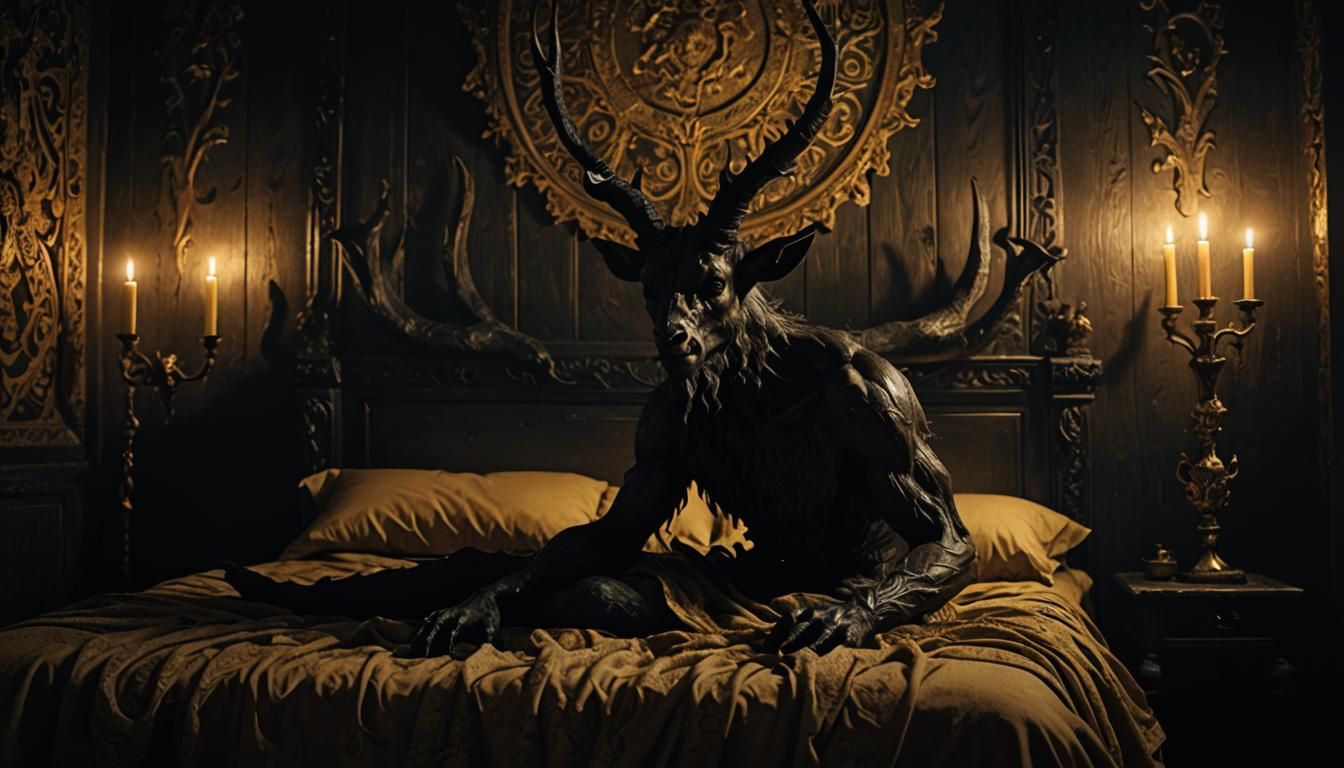 Resin Faun in Dimly Lit 17th Century Bedroom