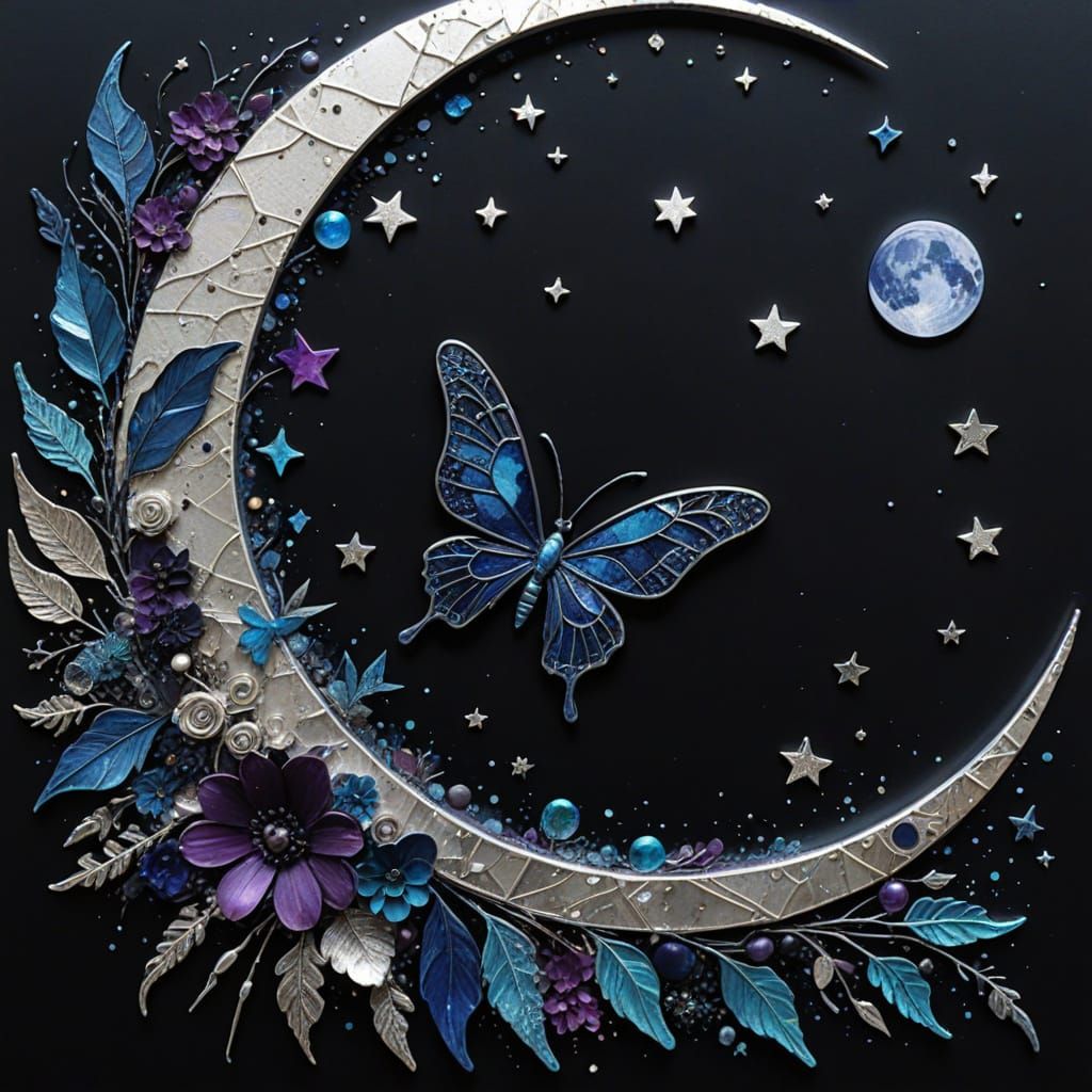 Surreal Collage Art with Moon and Insect Wings