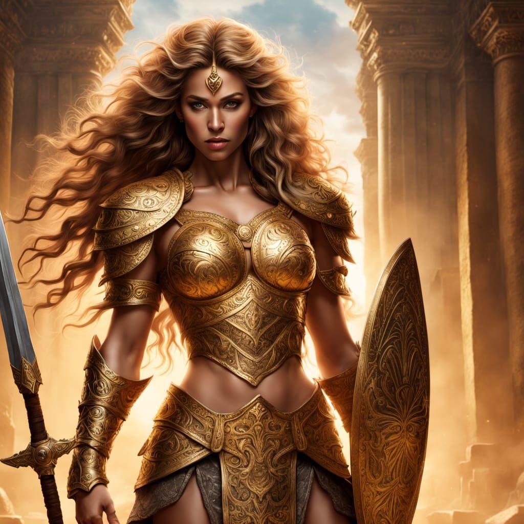 Barbarian Goddess of Strength and Beauty in Golden Armor