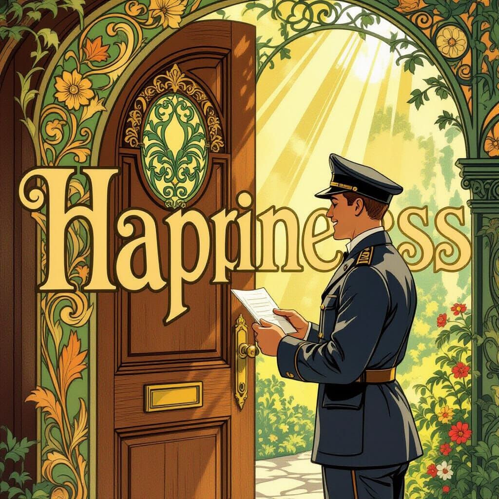 Art Nouveau 'Happiness' Letters with Smiling Postman