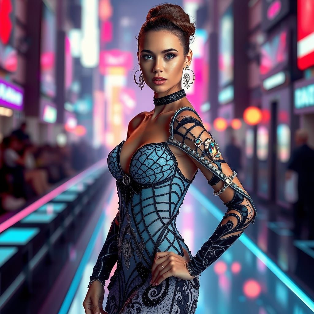 High-Fashion Futuristic Goddess Struts on Neon Runway