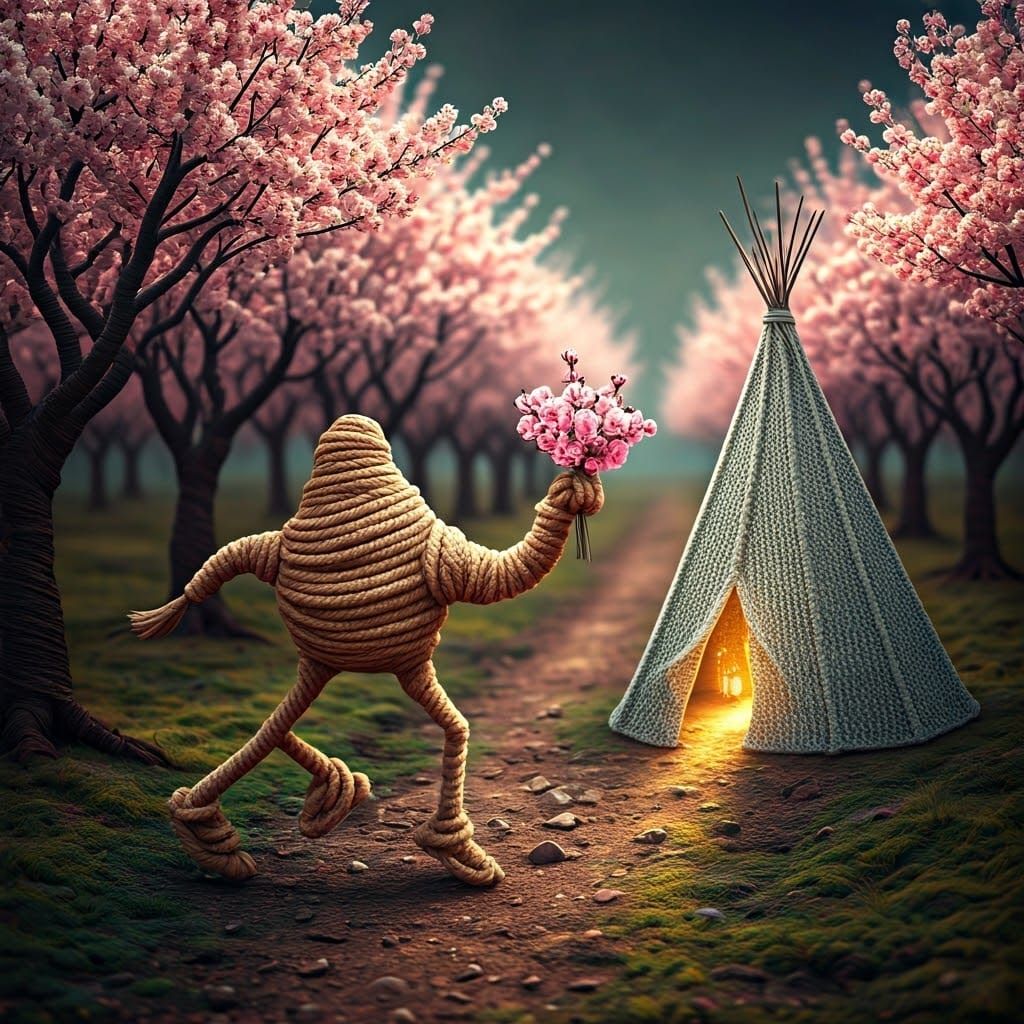 Cheerful Rope Camel in Blossoming String Orchard