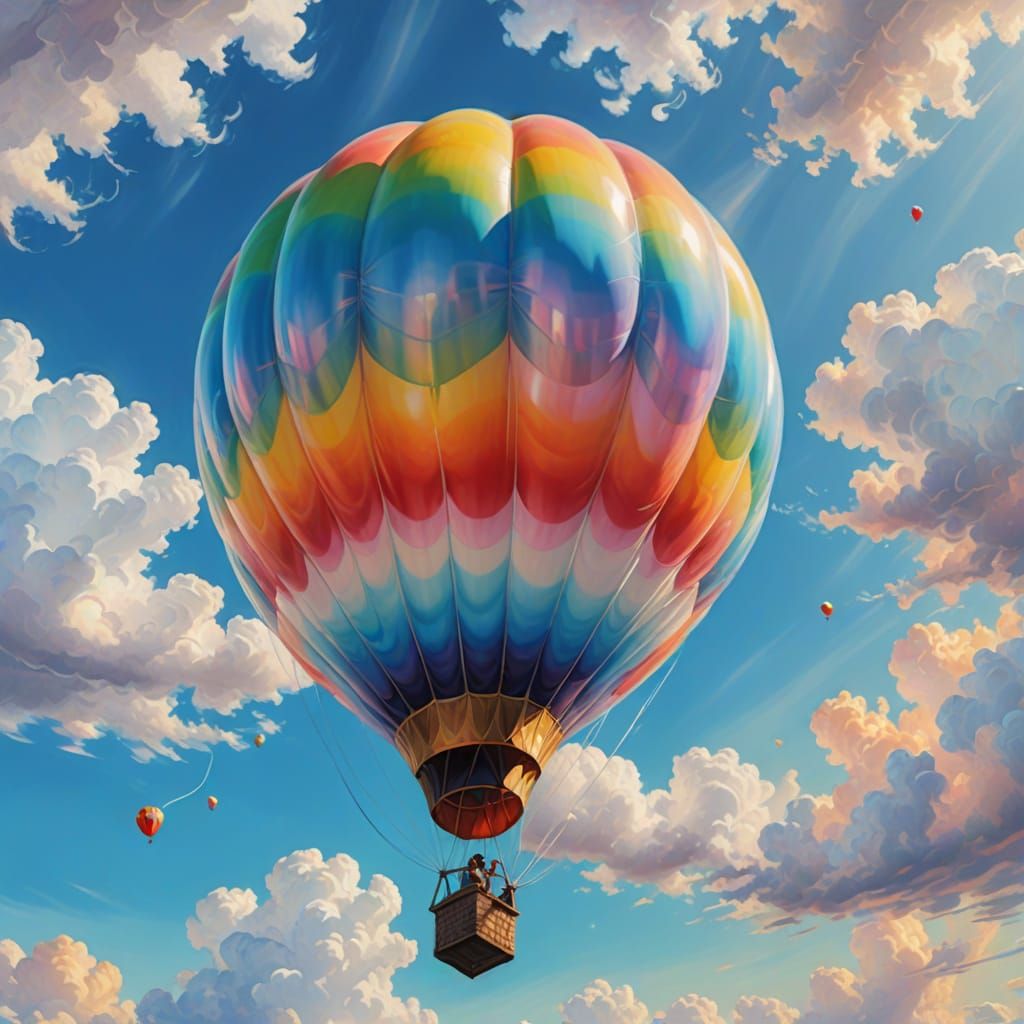Whimsical Balloon in Bright Sky - Vibrant Oil Painting