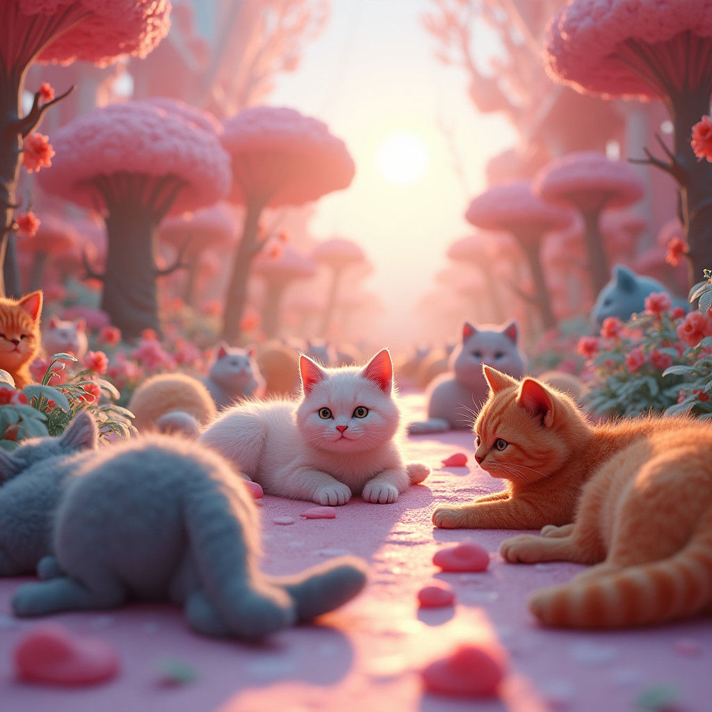 Whimsical Cat Paradise in 3D Digital Art