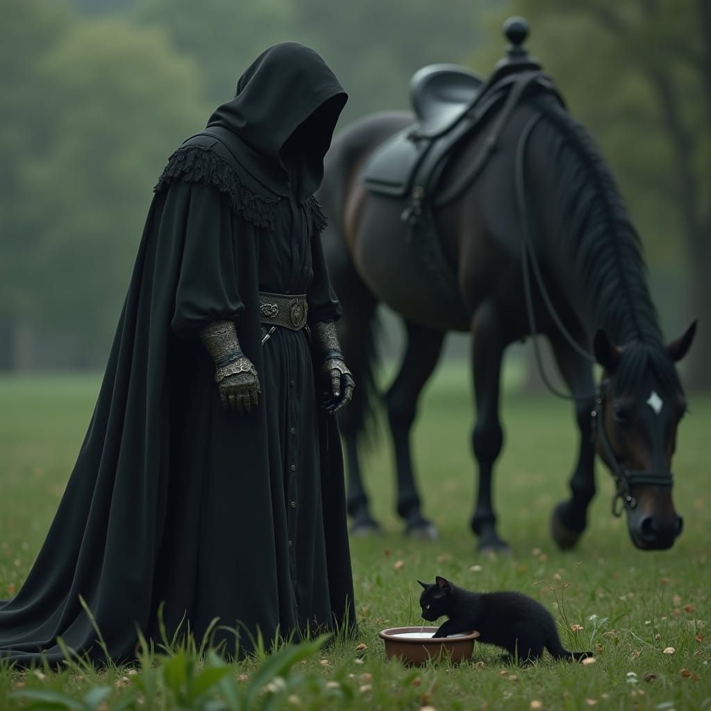 Shire Nazgul Surveys Hungry Kitten in Ominous Meadow