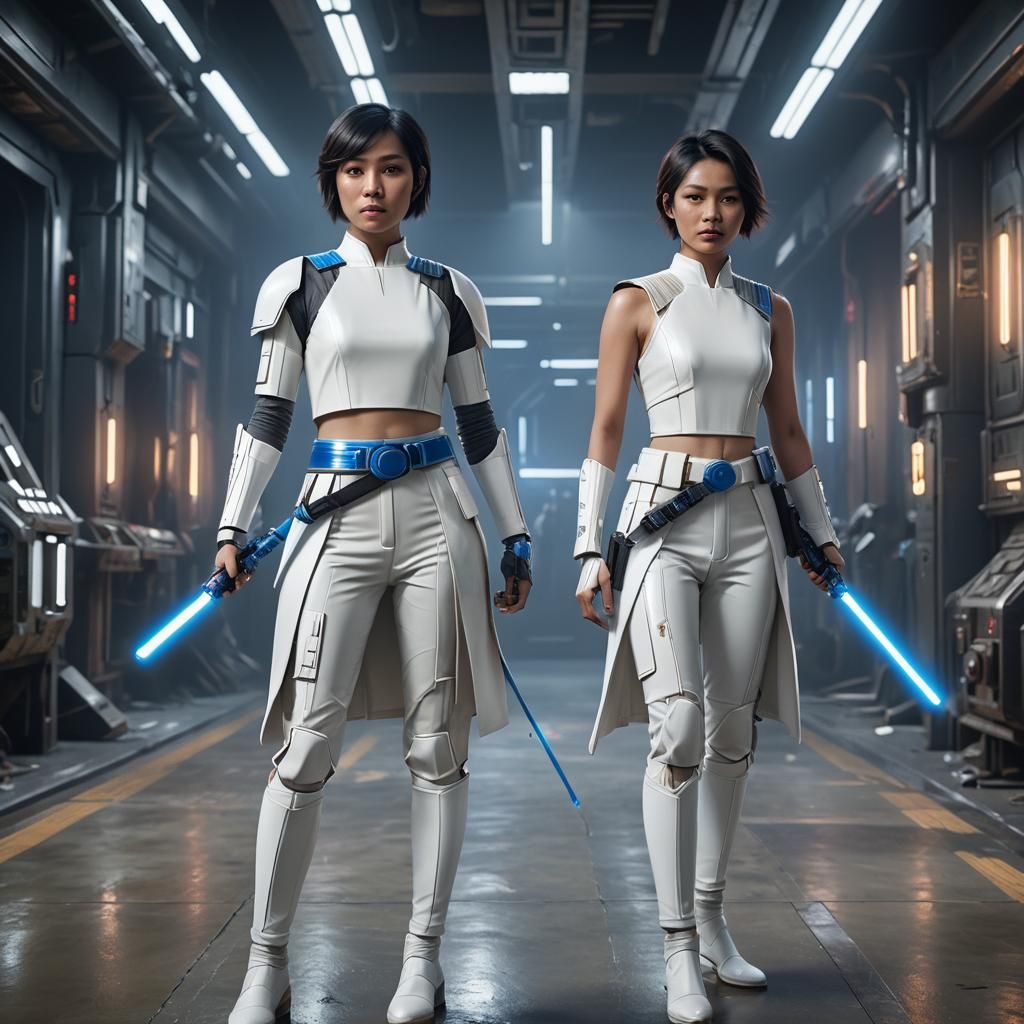 Two Asian Women in White Leather with Blue Lightsabers