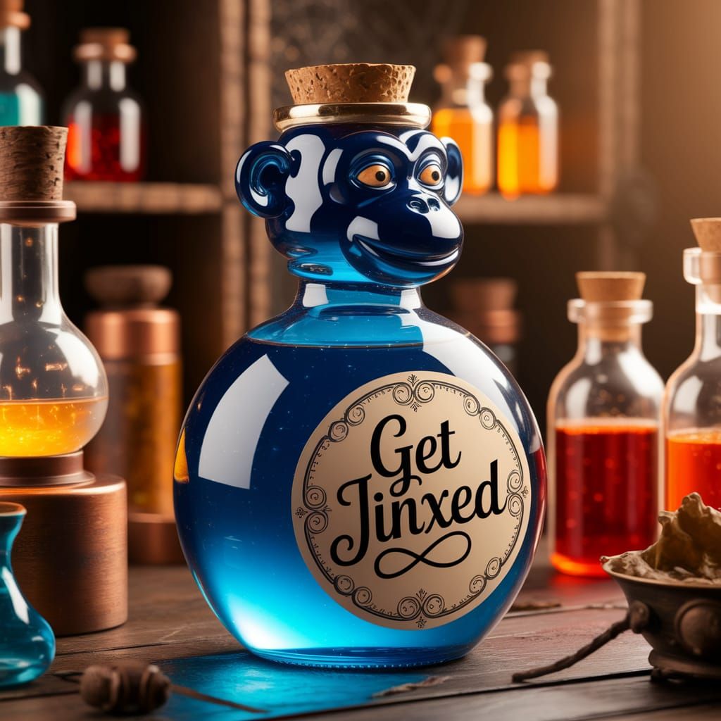 Blue potion bottle shaped like a monkey bomb labelled "Get Jinxed"