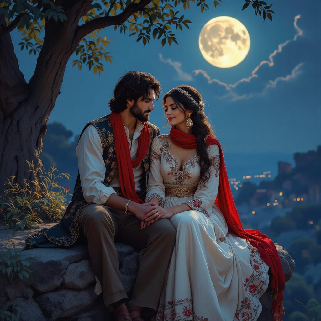 Romantic Couple Under Full Moon in Art Nouveau Style