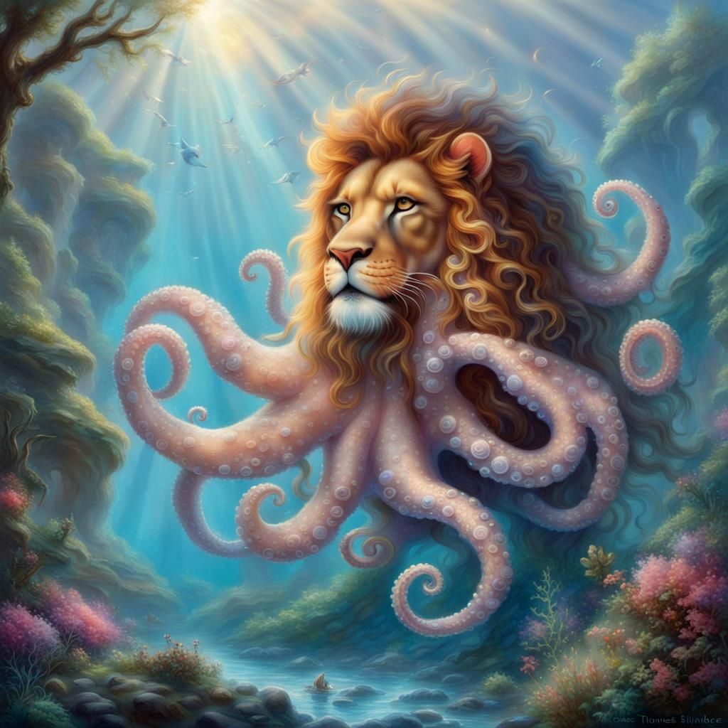 Friendly Lion-Octopus Sea Creature in Ethereal Style