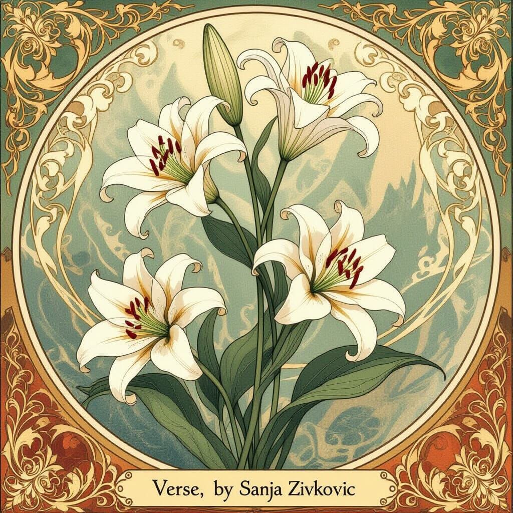 Art Nouveau Lilies with Swirling Stems