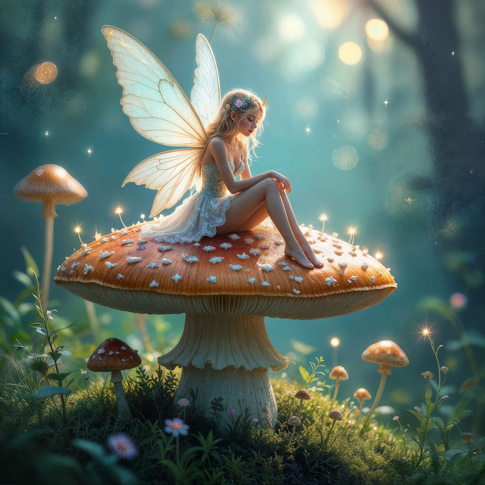 Whimsical Fairy on Giant Mushroom in Ethereal Glow