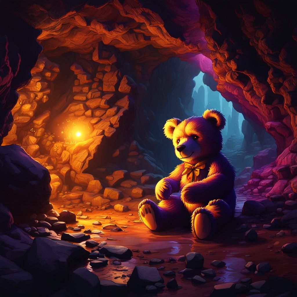 Teddy Bear in Cave: Dark Fantasy Concept Art