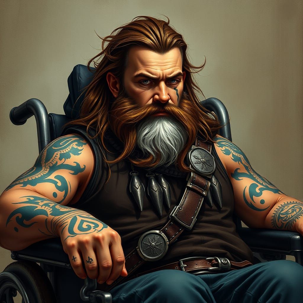 Viking Warrior in Wheelchair with Tribal Tattoo, Long Dark H...