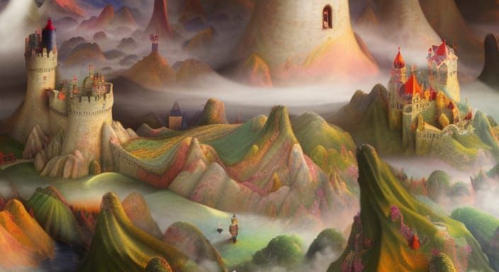 Psychedelic Fantasy Landscape with Castle: Hyperdetailed Art