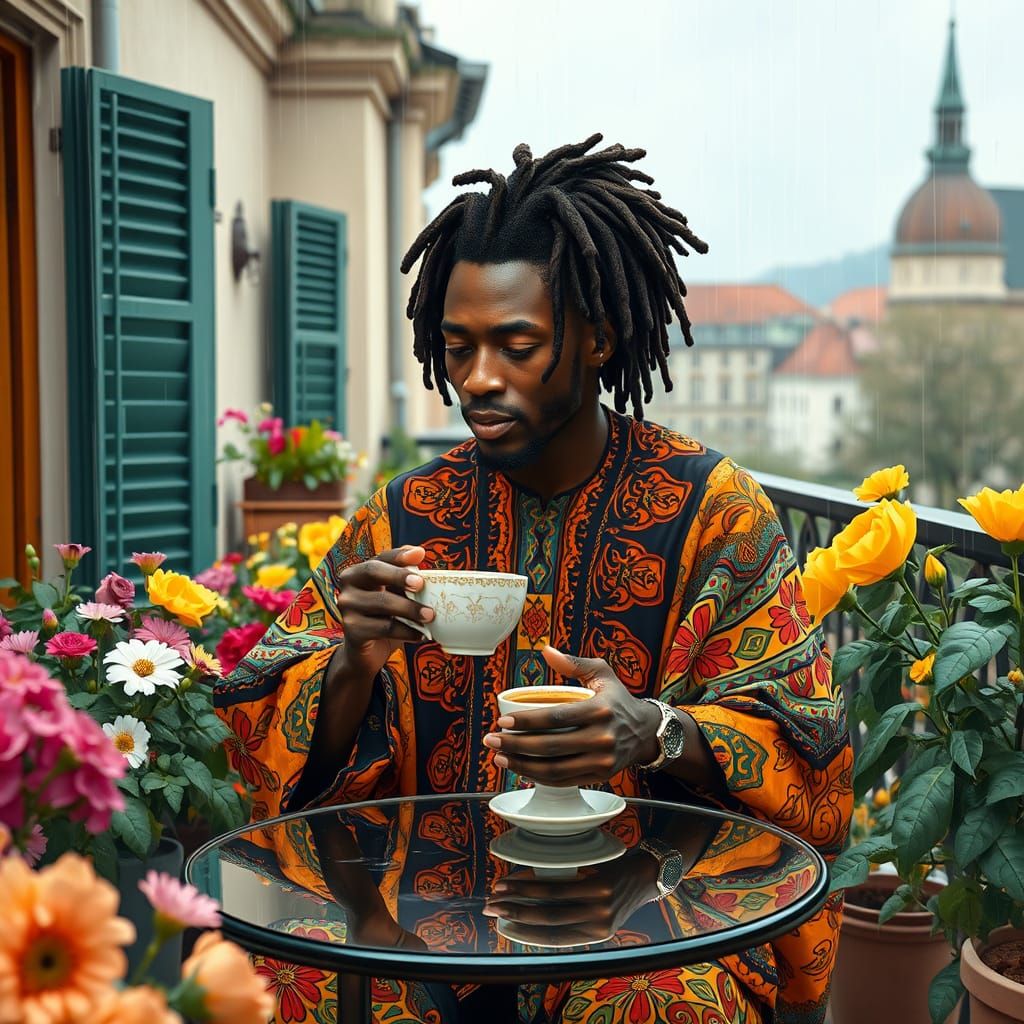 Young Man in Whimsical Dashiki Sits on Frankfurt Terrace