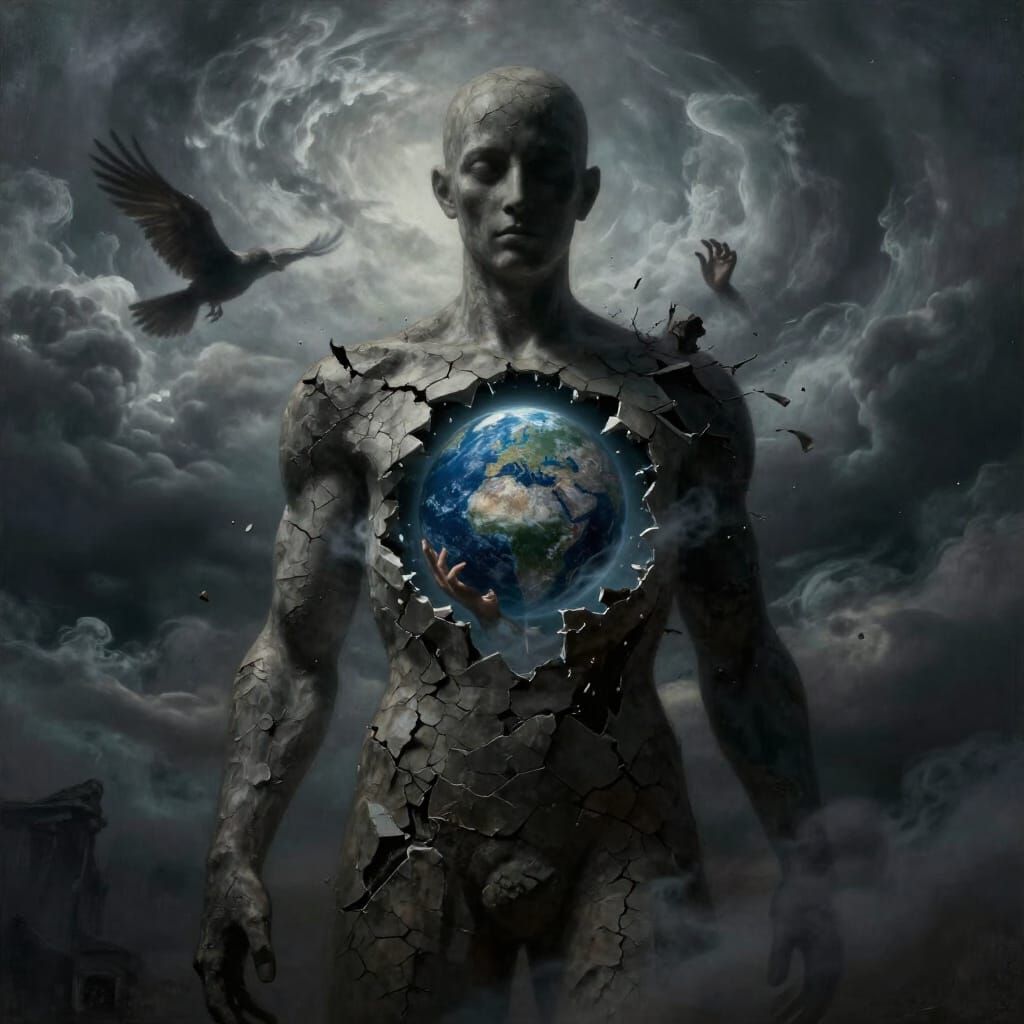 Surreal Shadow Figure Holds Wounded Earth